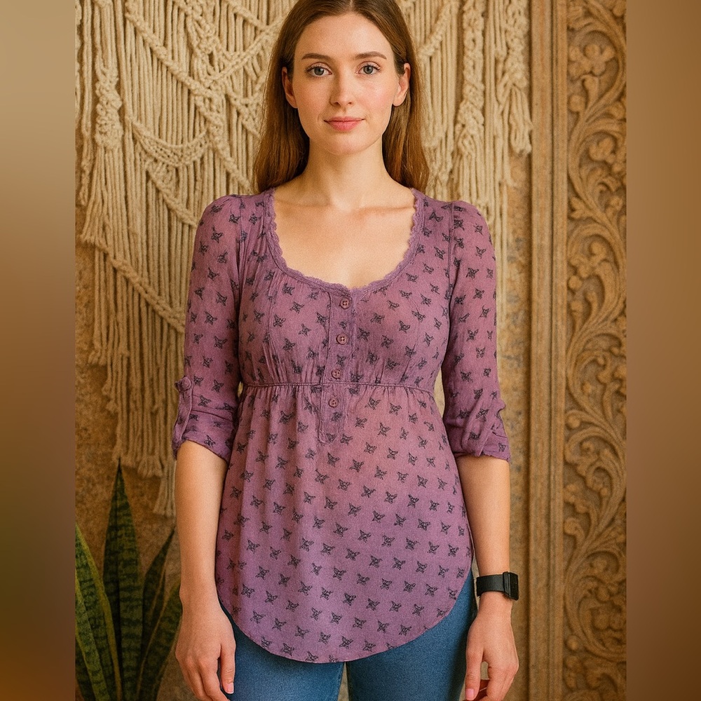 Vtg Kirra Lavender Butterfly Sheer Lace Trim Blouse Top Small Y2K Babydoll